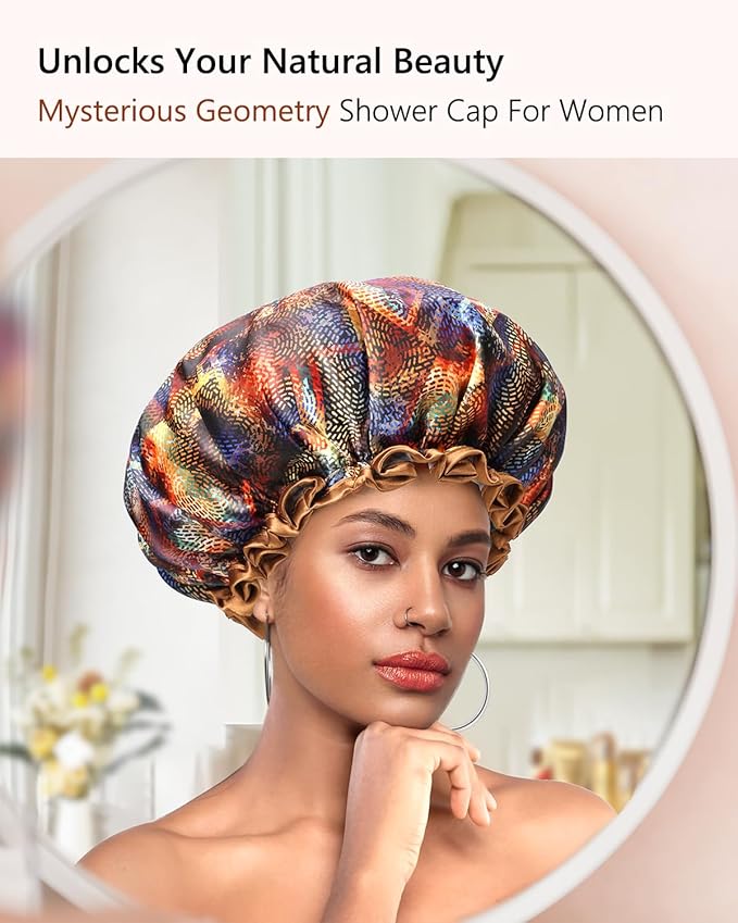 mikimini Large Shower Cap for Women Long Hair,Mystery Shower Caps with Brown Lace, Reusable Waterproof Bathing Shower Hat