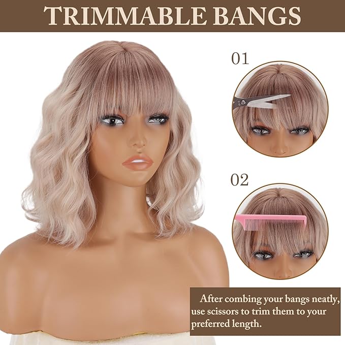 MISSQUEEN Short Ombre Platinum Blonde Wig with Bangs12 Inches Short Wavy Curly Wigs for Women Natural Looking Synthetic Heat Resistant Fiber Wig for Daily Cosplay Halloween Party Use