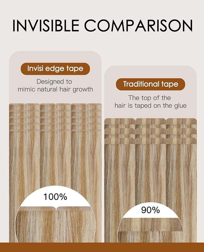 VINBAO Invisible Tape in Hair Extensions Human Hair Seamless Injected Tape in Hair Extensions Caramel Blonde Highlighted 60 Blonde Natural Blend 45g 20pcs 16inch #27P60