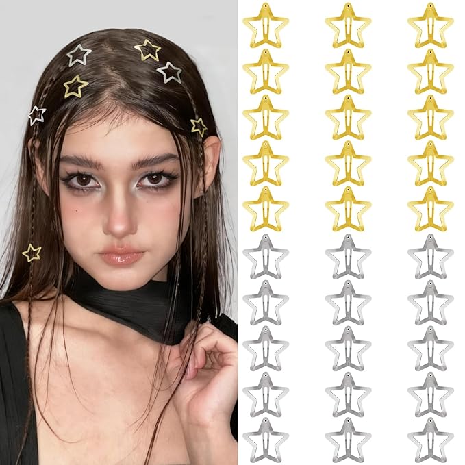 Star Hair Clips 2000s Y2K Gold Silver Star Hair Accessories Snap Hair Barrettes Non Slip Metal Hair Clips for Girls Women -30 PCS 1.18"