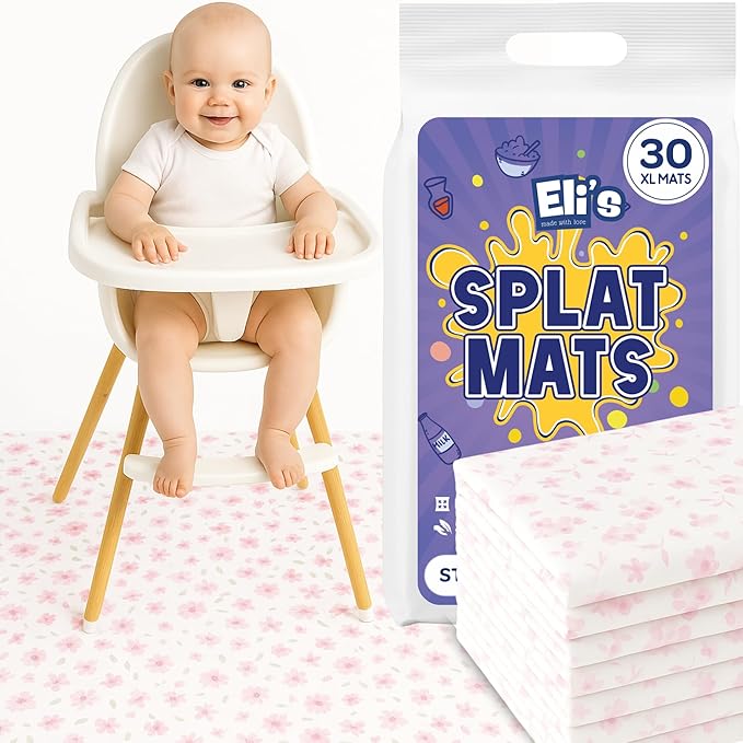 30 Pack Disposable Splat Mats by Eli with Love - Extra Large 49"x49" 100% Waterproof Baby Splat Mat for Under High Chair - Plastic Mat Liner for Floor - Protect from Spills (Floral, 30 Pack)