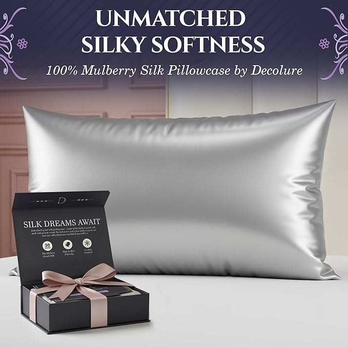 DECOLURE 100% Pure Mulberry Silk Pillow Case King Size – Highest Grade 30 Momme 6A+, Luxuriously Soft & Cooling Silk Pillowcase for Hair & Skin, Hypoallergenic, Breathable, Hidden Zipper (Silver Grey)