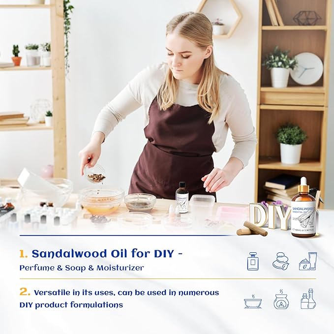 HIQILI Sandalwood Essential Oils, Long-Lasting Scent for Perfume, Diffuser, Soap Making & Candle- 3.38 Fl Oz