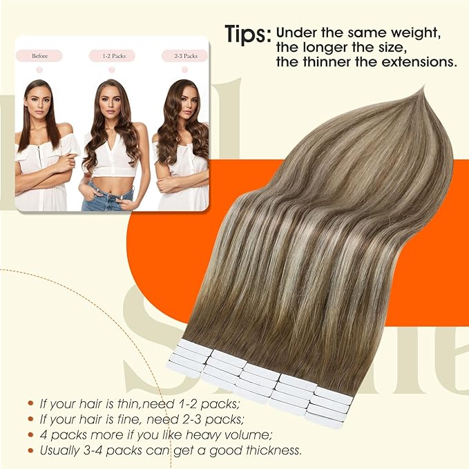 Full Shine Balayage Tape in Hair Extensions Real Human Hair 20 Inch Tape in Extensions Chestnut Brown Ombre to Platinum Blonde Highlighted Brown Adhesive PU Tapes ins 20Pcs Thick End for Women 50G