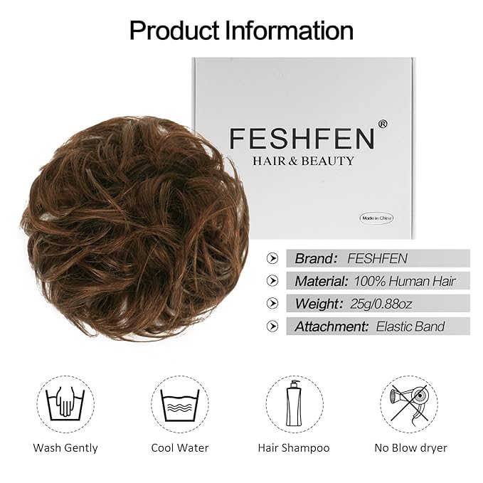 FESHFEN Human Messy Buns - 100% Human Hair Bun Real Scrunchies Hair Pieces Ponytail Extensions Wavy Tousled Updo Chignon Hairpieces for Women，Chocolate Light Brown