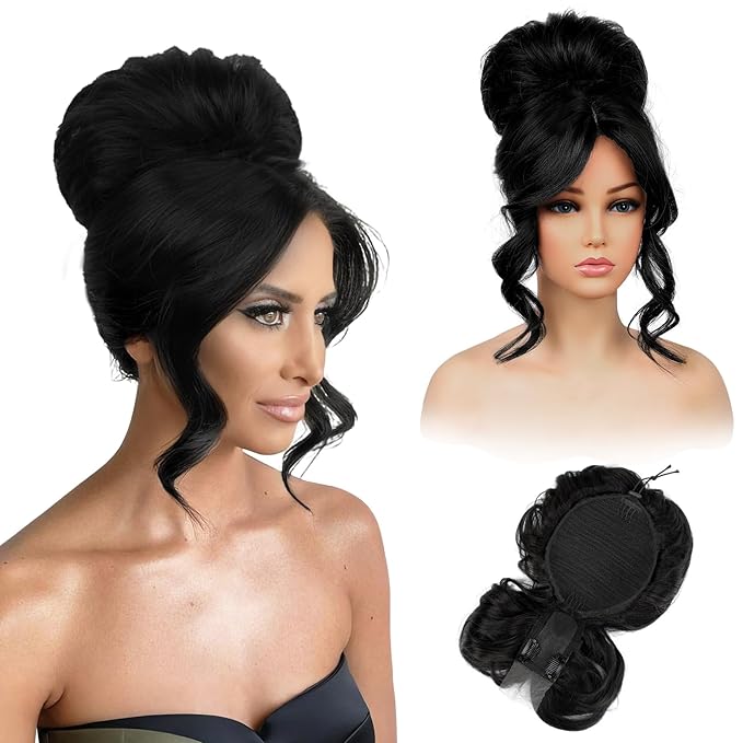 REECHO Messy Bun Hair Piece with Bangs – 2-in-1 Drawstring Ponytail Extension Updo Wig & Hair Topper with Long Side Bangs, Natural-Looking Hair Bun Hairpieces for Women - Black