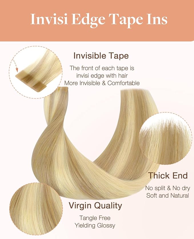 GOO GOO Invisi Edge Tape in Hair Extensions Human Hair, 16/22 Light Blonde Highlighted Golden Blonde, 10pcs 18inch 25g, Virgin Remy Hair, Seamless Injected Tape, Natural Look