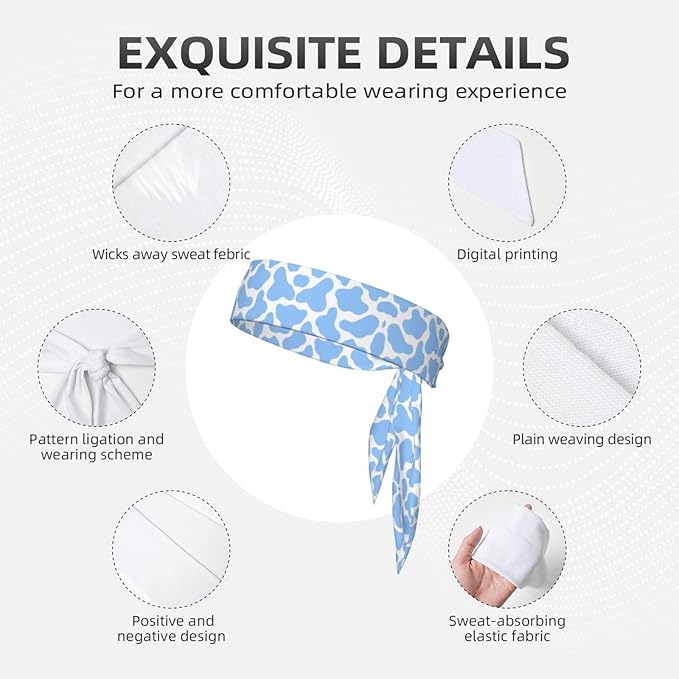 Boys Girls Sports Sweat Band, Multipurpose Long Head Ribbon for Sports Workout Spa, Fashion Light Blue Animal Cow Print Headdress Hand Decor