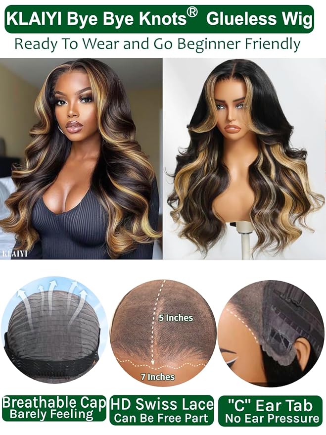 KLAIYI Ombre Highlight Blonde Loose Body Wave Bye Bye Knots Glueless Wigs Human Hair 7x5 Precut Lace Front Pre Plucked Bleached Ready to Wear Go Wig with Face Framing Curtain Bang Caramel Brown 20Inch