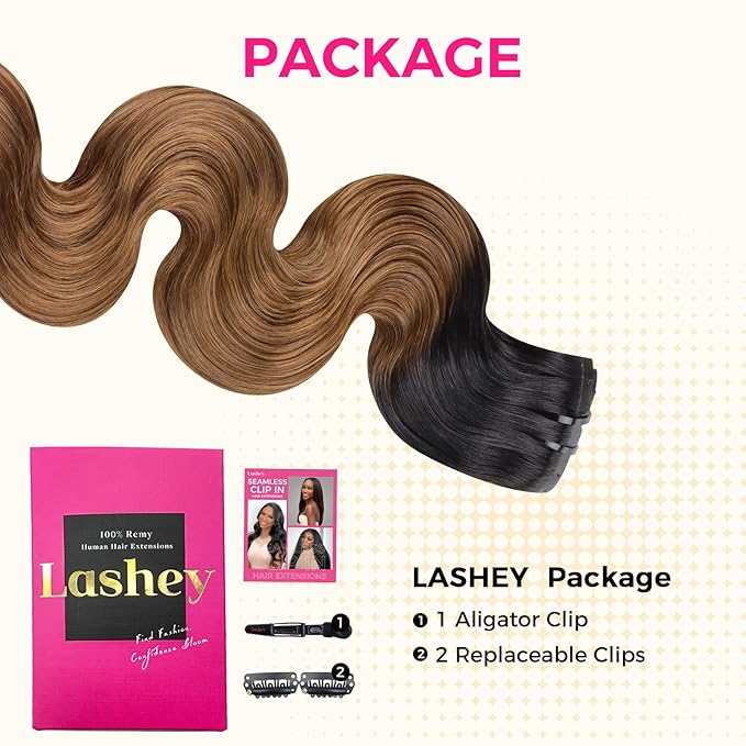 Lashey Seamless Hair Extensions Real Human Hair 110g 7pcs Body Wave Clip in, with PU Soft Invisi Edge 16 Inch Ombre Natural Black to Medium Auburn Clip in Hair Extensions Human Hair