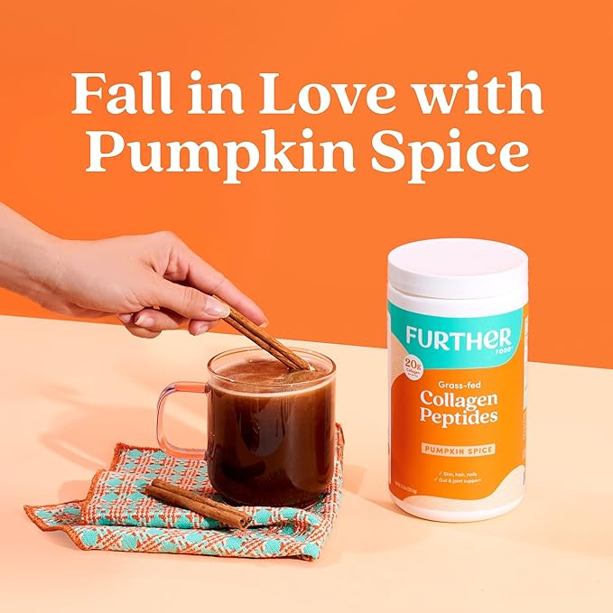 Further Food Pumpkin Spice Collagen Peptides Powder with Lion’s Mane Mushroom – 100% Grass-Fed, Hydrolyzed Type 1 & 3, 20g of Collagen per Serving, Supports Skin, Hair, Nails & Focus, 9.88 Oz