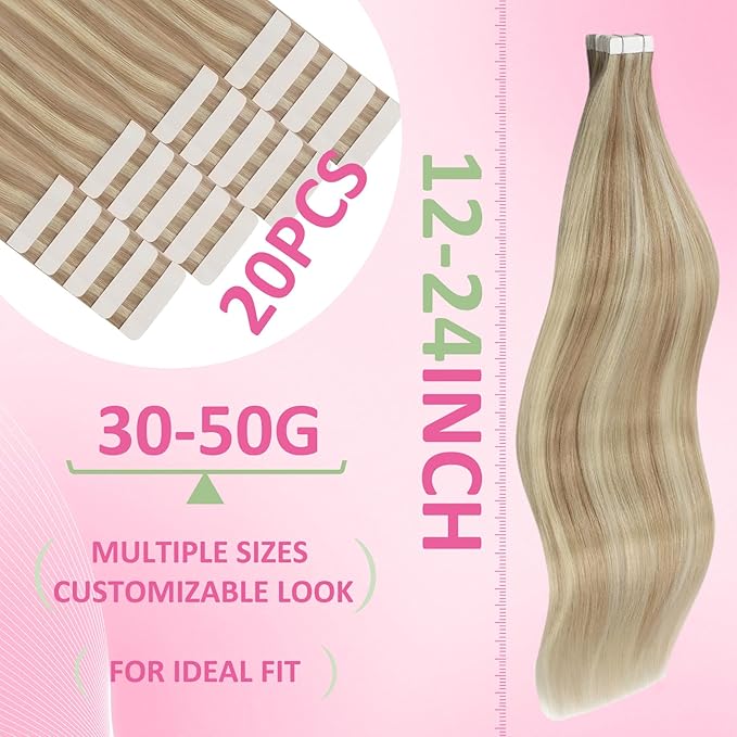 YoungSee Human Hair Tape in Extensions for Women Tape in Blonde Hair Extensions 20In 20pcs 50g Tapes Hair Extensions Real Human Hair Highlight Blonde Natural Looking