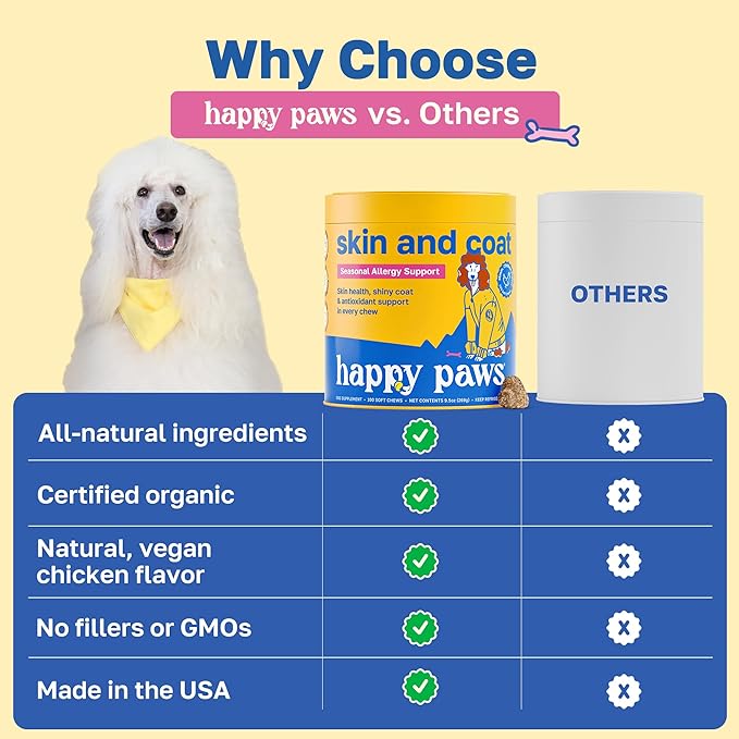 Happy Paws Skin and Coat Supplement for Dogs, Shedding & Dog Hair Growth Support for All Breeds & Ages, Made with Coconut Oil & Vitamin B12, Vegan Chicken Flavor, Organic, Non GMO, (100 Chews)