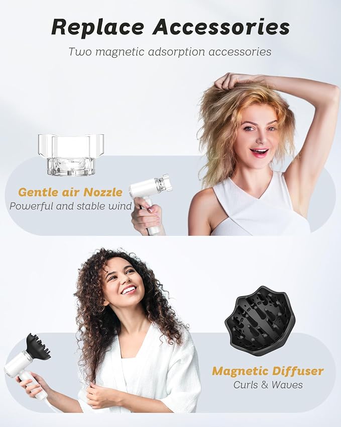 Hair Dryer - Mini HairDryer, Ionic High-Speed Motor for Fast Drying, Portable Lightweight Blow Dryer, Quiet Blowdryer with Magnetic Curly Diffuser & Concentrator for Home Travel ONLY 110V