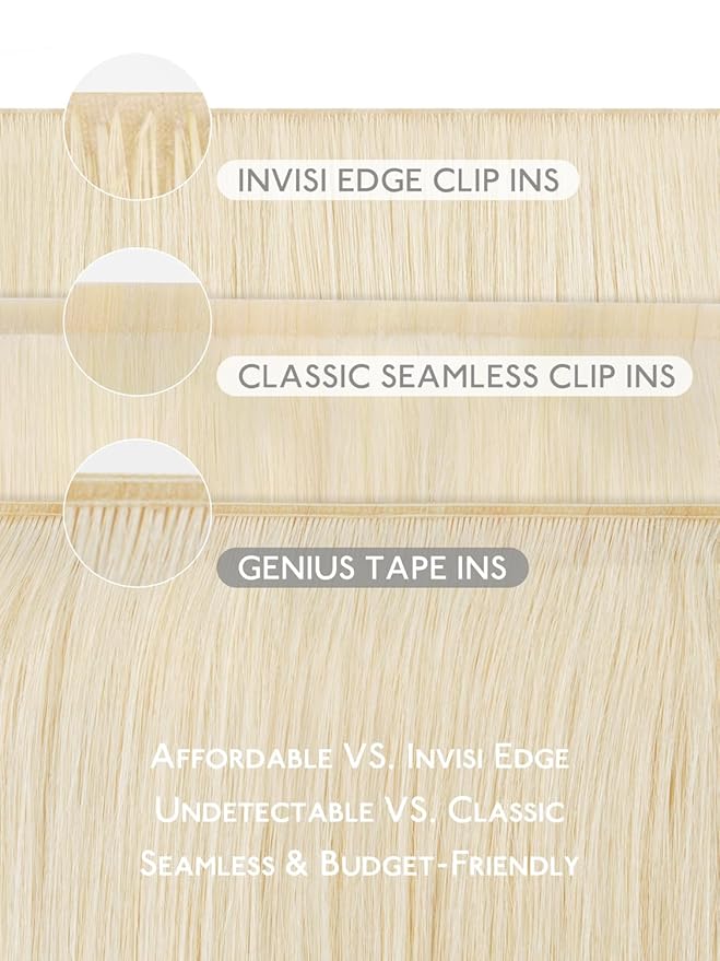 WENNALIFE Genius Seamless Clip in Hair Extensions Real Human 16 inch 120g 7Pcs Platinum Blonde Hair Extensions Clip Ins Luxury Remy De Cabello Humano Straight Invisible Fuller Reusable