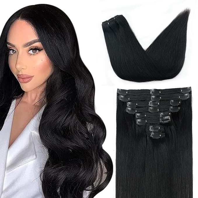 Straight Clip In Hair Extensions Real Human Hair 8Pcs Clip In Jet Black Human Hair Extensions with 18Clips Lace Weft 120g 16inch