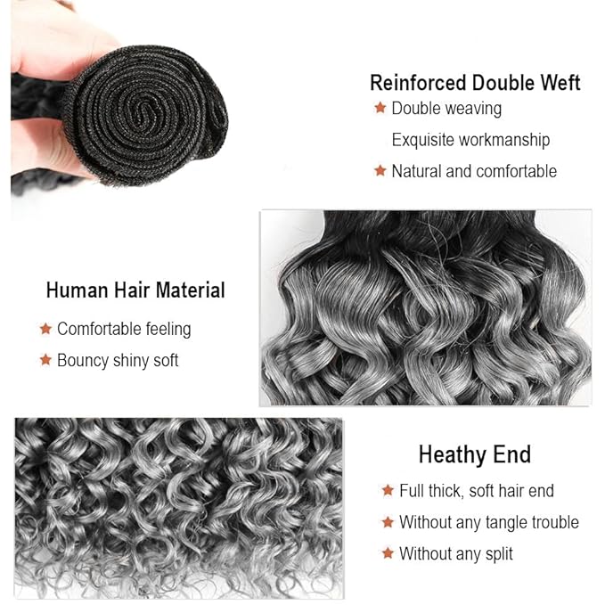 Grey Bundles Human Hair Ombre Deep Wave Bundle Brazilian Virgin Soft and Silky Remy Hair 3 Bundles 26 28 30 Inch Double Weft 2 Tone Black and Silver Deep Wave Bundle 300g