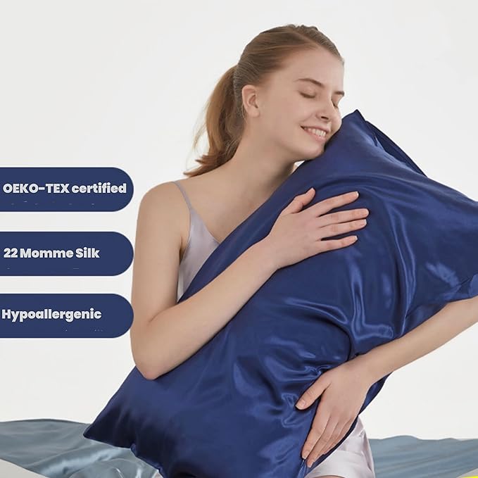 Oeko-TEX Certified Navy Silk Pillow Cases Queen Made in USA, 22 Momme, 100% Natural Mulberry Silk Pillowcase for Women Hair and Skin, Organic (Navy Blue, Queen)