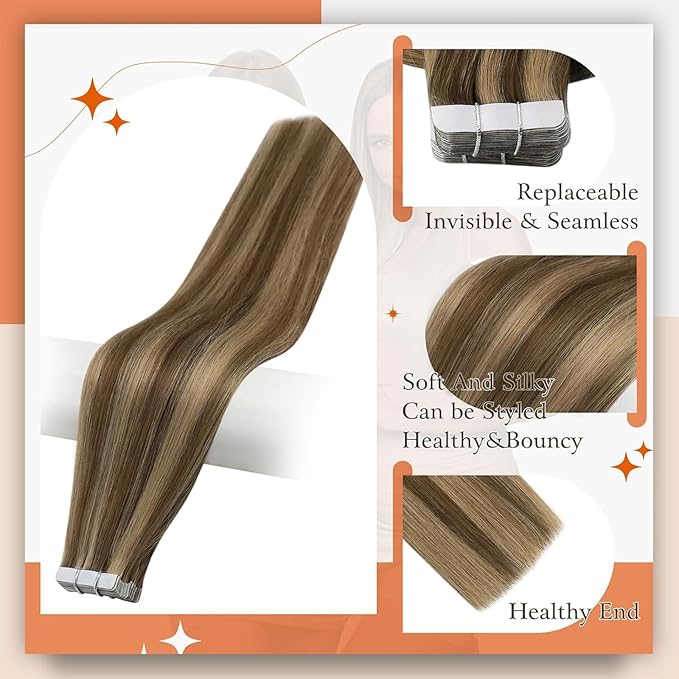 Full Shine Tape in Hair Extensions 18 Inch Color 4P27 Medium Brown Highlighted Honey Blonde Tape Hair Extensions Double Sided Hair Extension Tape ins Real Remy Human Hair 50g 20pcs Invisible Skin Weft