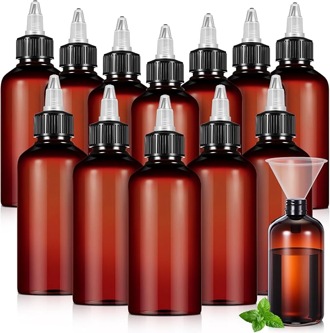 Barydat 12 Pcs Applicator Bottles for Hair, Squeeze Hair Oil Applicator Bottle Refillable Empty Plastic Bottles, Twist Cap with Open Close Nozzle and 2 Funnels (8 oz,Brown)