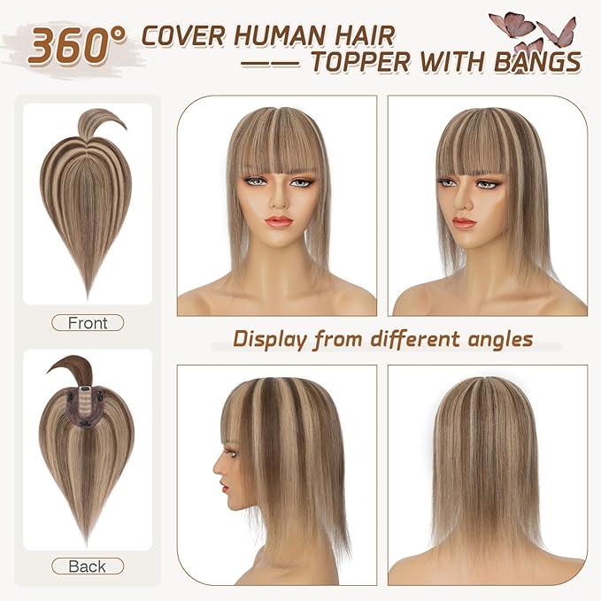 Rich Choices Real Human Hair Toppers for Women With Bang 100% Remy Human Hair Topper for Thinning Hair Clip in Silk Base Hair Topper 16 Inch #4P27 Medium Brown Mix Dark Blonde