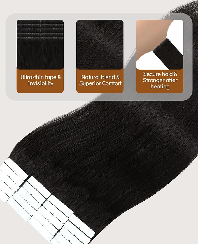 VINBAO Invisi Edge Hair Extensions Real Human Hair Tape in, Natural Black 50g 18in 20pcs Injected Tape in Extensions Pro Quality Injection Tape-ins 18inch #1B