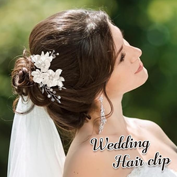 Bride Flower Silver Piece Pearl Hair Clip,Wedding Hair Accessories for Women and Bridesmaids,Silver Pearl Crystal Fancy Clip