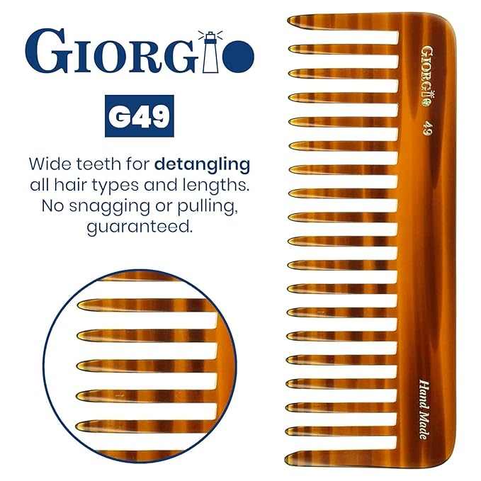 Giorgio G49 Large 5.75 Inch Hair Detangling Comb, Wide Teeth for Thick Curly Wavy Hair. Long Hairs Detangler Comb For Wet and Dry. Handmade of Cellulose, Saw-Cut, Hand Polished, Tortoise Shell 6 Pack
