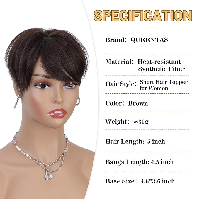 QUEENTAS Brown Short Hair Toppers for Women with Thinning Hair 360°3D Cover with 3 Clips Hair Pieces Wispy Bangs 4.6"*3.6" Coverage(Dark Brown/#2)