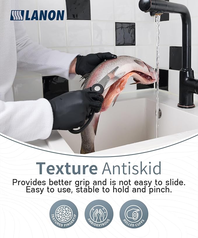 LANON Food Safe Disposable Nitrile Gloves, Latex-Free, Powder-Free, Silicone-Free, Textured Fingertips, Cooking, Black，X-Large