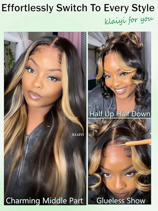 KLAIYI Ombre Highlight Blonde Loose Body Wave Bye Bye Knots Glueless Wigs Human Hair 7x5 Precut Lace Front Pre Plucked Bleached Ready to Wear Go Wig with Face Framing Curtain Bang Caramel Brown 22Inch