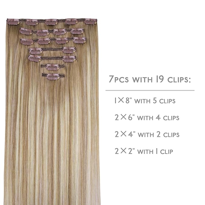 WENNALIFE Clip in Hair Extensions Real Human Hair, 24 Inch 120g 7pcs Balayage Dirty Blonde with Platinum Ends Remy Hair Natural Double Weft