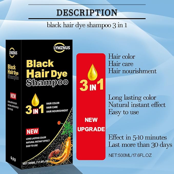 Black Hair Color Shampoo for Gray Coverage - New Upgrade 3-in-1 Herbal Long-Lasting Formula for Women & Men