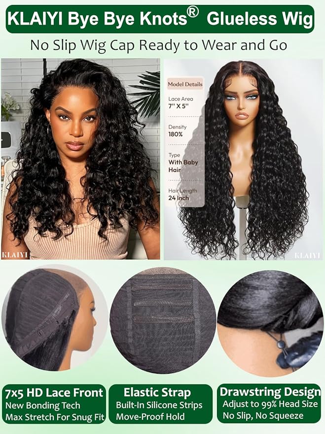 KLAIYI Bye Bye Slip™ Water Wave 7X5 Precut Lace Front Human Hair Wig Drawstring Glueless 3S Ready to Wear and Go Wig with Baby Hair Pre Plucked Bleached Bye Bye Knots Curly Wig 180%Density Full 28Inch