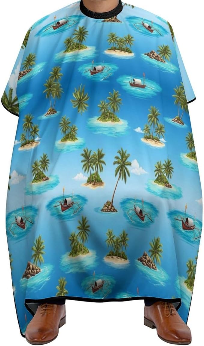 Full Coverage Hair Cutting Cape, Hairdressing Apron Palm Tree Boat Beach Ocean Sea Hawaiian Tropical Hair Cutting Gown for Makeup Artist Beautician