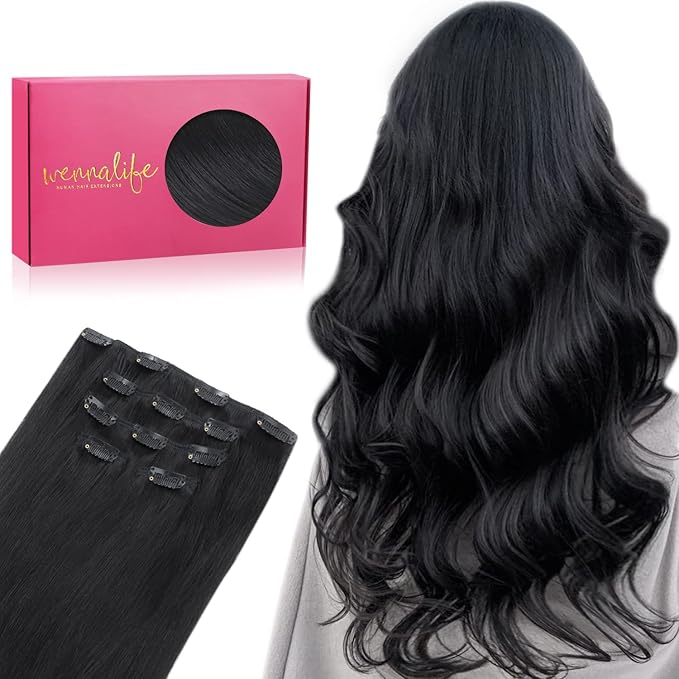 WENNALIFE Clip in Human Hair Extensions 85g 5pcs 22 Inch, Remy Hair Jet Black Real Virgin Hair Extensiones De Cabello Humano Con Clip Ins