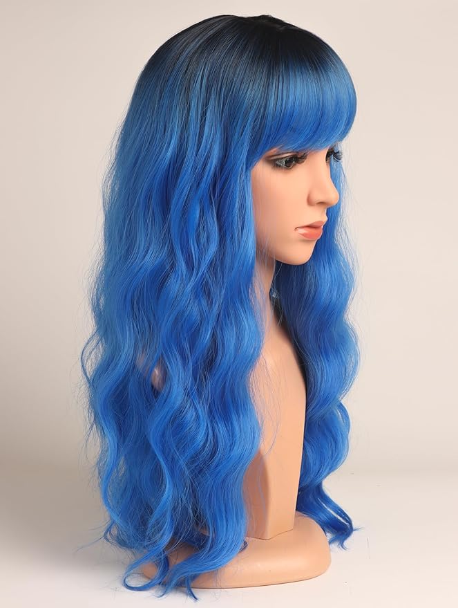 Blue Hair Wavy Wigs With Bangs For Women Synthetic Blue Wigs For Daily Use Everyday Wear.