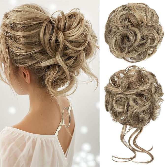 CJL HAIR 2PCS Messy Bun Hair Pieces Wavy Curly Synthetic Updo Chignon Fake Scrunchies Ponytail Extension for Women Sand