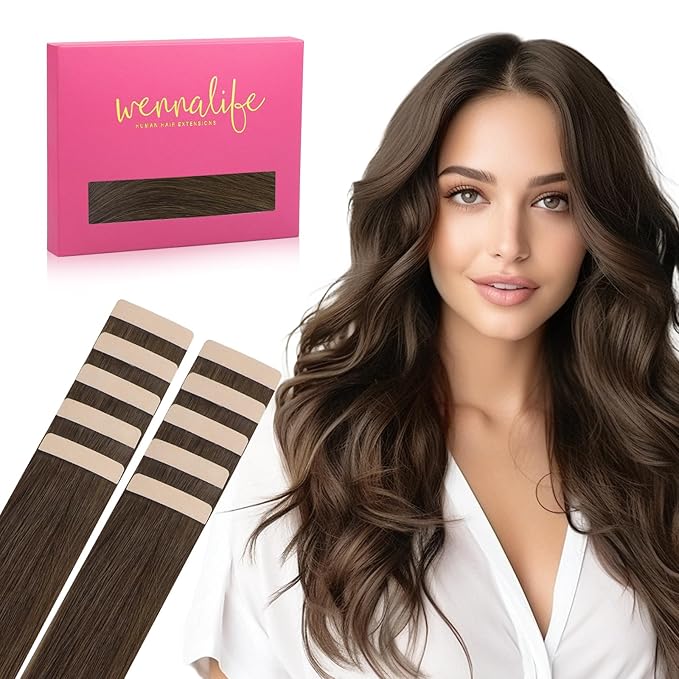 WENNALIFE Tape in Hair Extensions Human Hair Chocolate Brown Tape in Extensions, 10pcs 30g 24 inch Remy Invisible Tape Ins Straight Soft Real Human Hair Tape in Extensions Refill Set Extensions