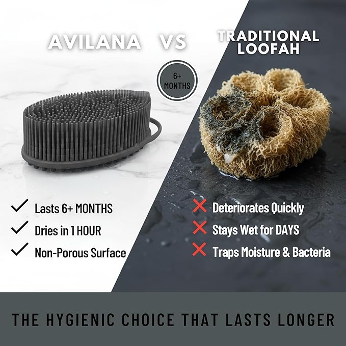 Silver Infused Silicone Body Scrubber Shower - Gentle Back Scrubber Soft Bristles - Avilana Premium Dual Sided Bath Brush Massage - Advanced Material Loofah Alternative - Gift Women Men