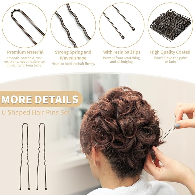 U Shaped Hair Pins -2.4 Inch 250 Count, Professional Hair Styling Pins for Women, Girls, and Hairdressing Salons - Includes Clear Storage Box for Updos and Bun Hair (Brown)