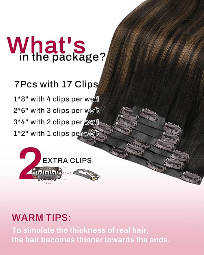 Moresoo Seamless Clip ins Human Hair Dark Brown to Chestnut Brown Balayage Clip in Extensions Real Human Hair Seamless Pu Weft Long for Women Thick 135g/7pcs 18inch