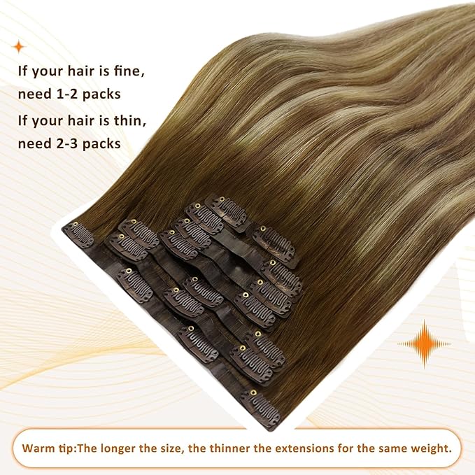 Full Shine Clip in Human Hair Extensions Balayage Clip in Hair Extensions Medium Brown to Honey Blonde and Light Brown Real Hair for Women 14 Inch 8 PCS 120 G
