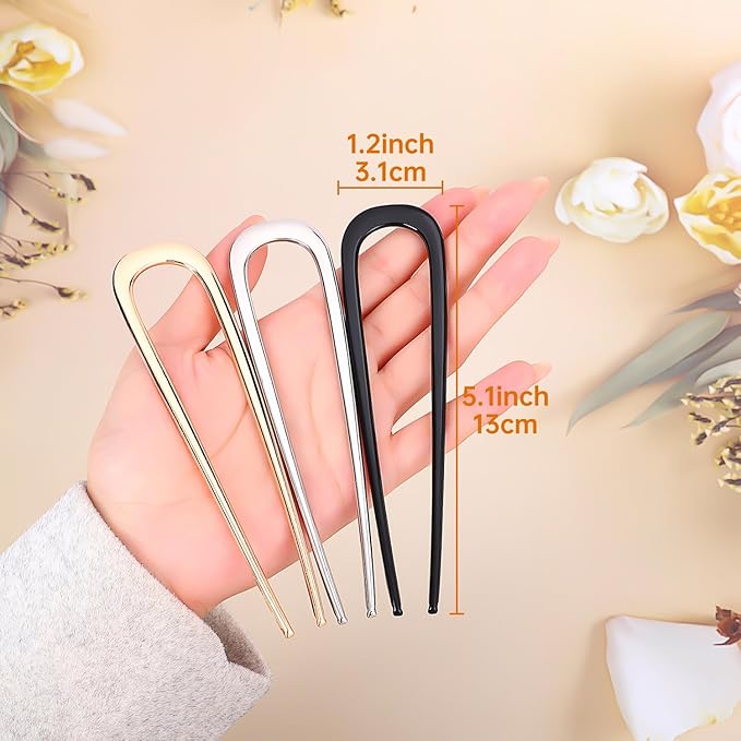 BEoffer French Hair Pin 3PCS Metal Hair Pins for Women Elegant French Twists, Buns and Updos with No Hair Damage, U-shaped French Pin Great Hold and Comfortable Keeps Hair in Place (Silver, 5 Inch)