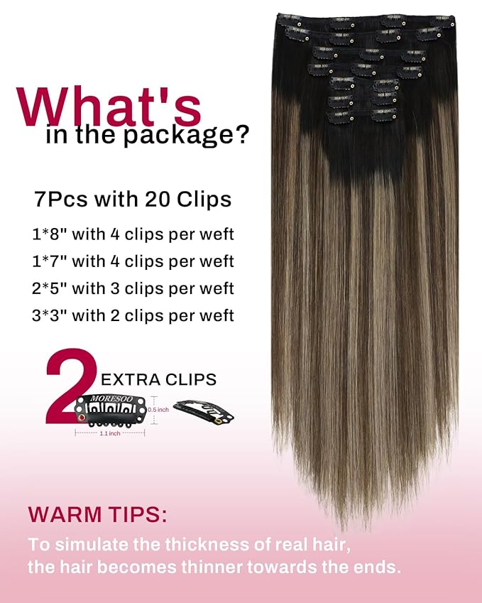 Moresoo Black to Brown Ombre Clip in Hair Extensions Real Human Hair Black to Dark Brown with Dark Golden Blonde Human Hair Clip in Extensions 16inch 135g/7pcs