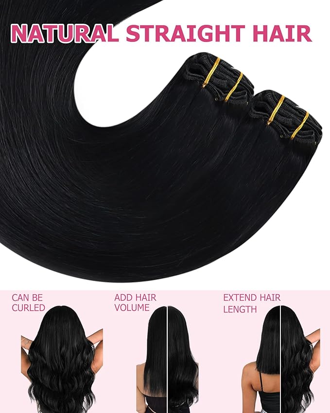 YoungSee Clip in Human Hair Extensions for Women Black Invisible Clip in Remy Hair Extensions Human Hair Black Soft Hair Extension Natural Hair Clip ins for Thin Hair Long Straight 120G 22Inch 7Pcs