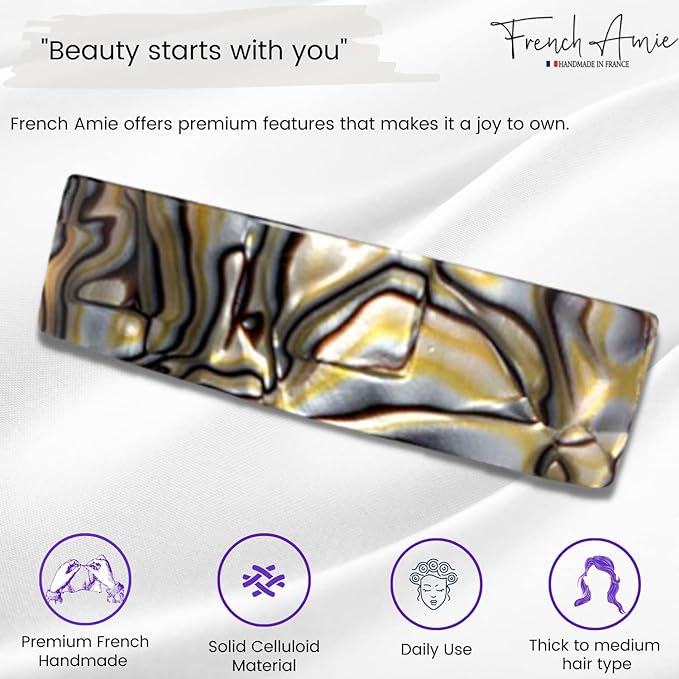 French Amie Fine 1" Wide Rectangular Celluloid Handmade Onyx Automatic Hair Barrettes for Women French Hair Clips