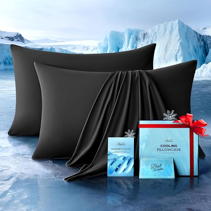Ultra-Chill Cooling Pillowcase Set of 2 for Hot Sleepers, Softer Than Silk Pillow Cases for Protecting Hair & Skin, Breathable Bed Pillow Covers w/Zipper, Gifts for Women & Men (Black, King)