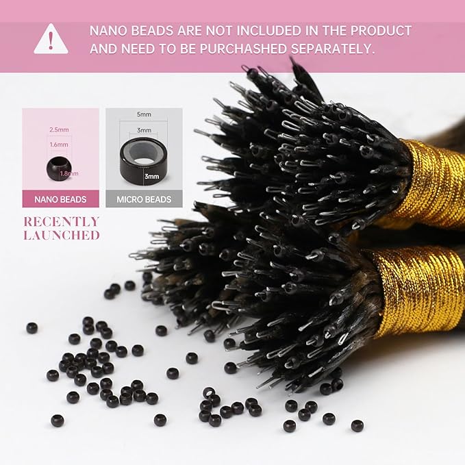 YoungSee Nano Ring Hair Extensions Ombre Dark Brown to Blonde Pre Bonded Nano Beads Human Hair Extensions Long Straight Nano Ombre Hair Extension Cold Fusion 20inch 50g 50s