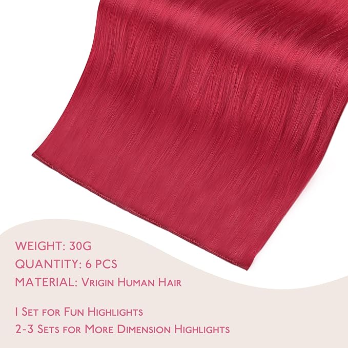 WENNALIFE Red Clip in Hair Extensions Real Human Hair 35g 6pcs 14 Inch Colored Hair Extensions for Kids Women Colorful Hair Pieces Pop-up Style Straight Extensiones De Cabello Humano Con Clip